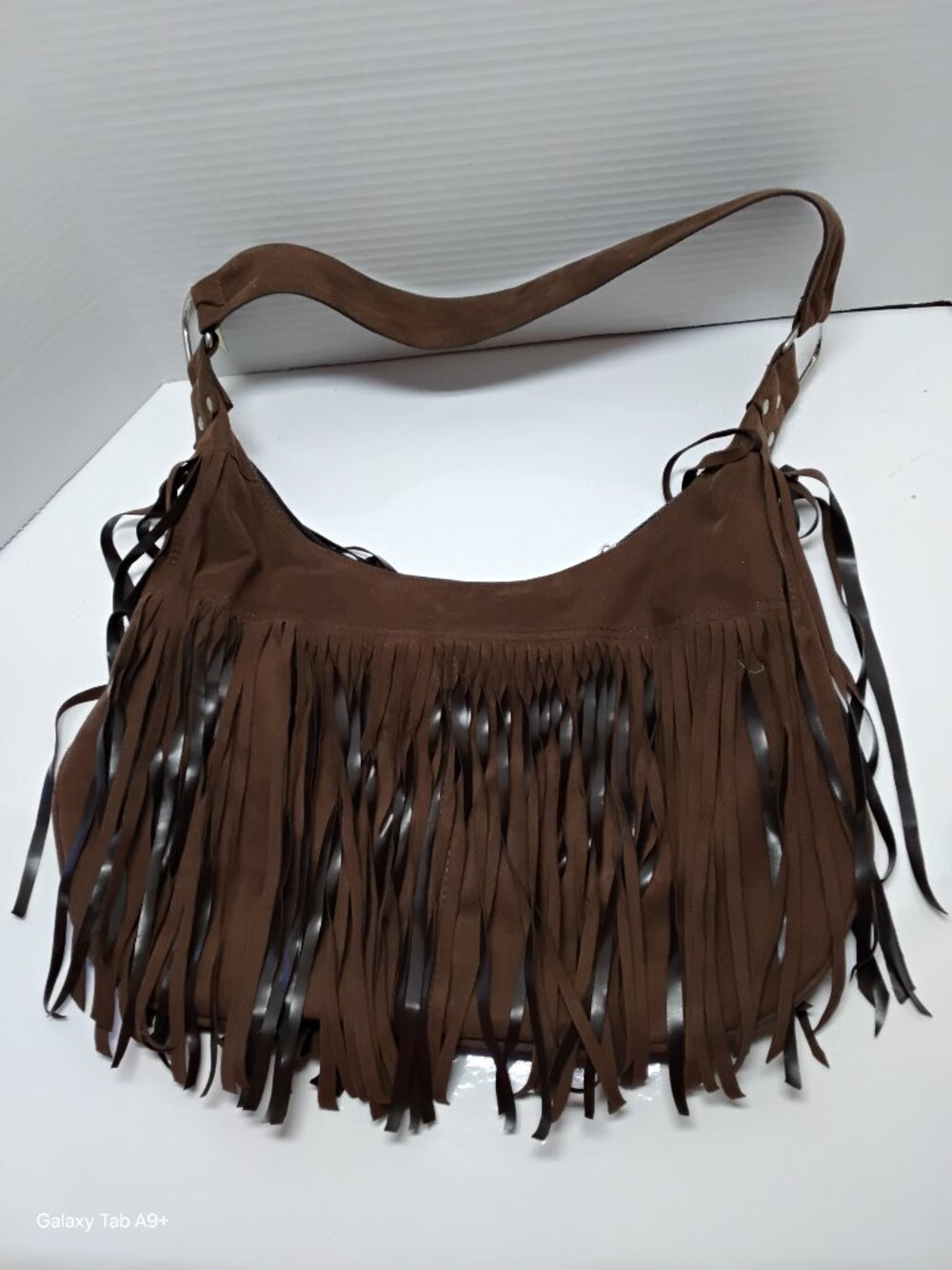 Boho Brown Suede Fringe Hobo Shoulder Bag Leopard Print Lining Western Hippie
